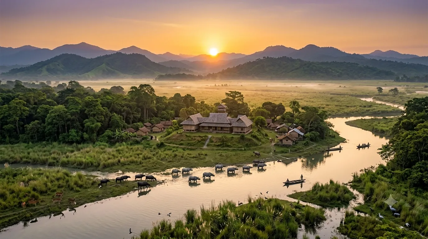Sunrise over a river and grasslands near Kaziranga with buffalo crossing