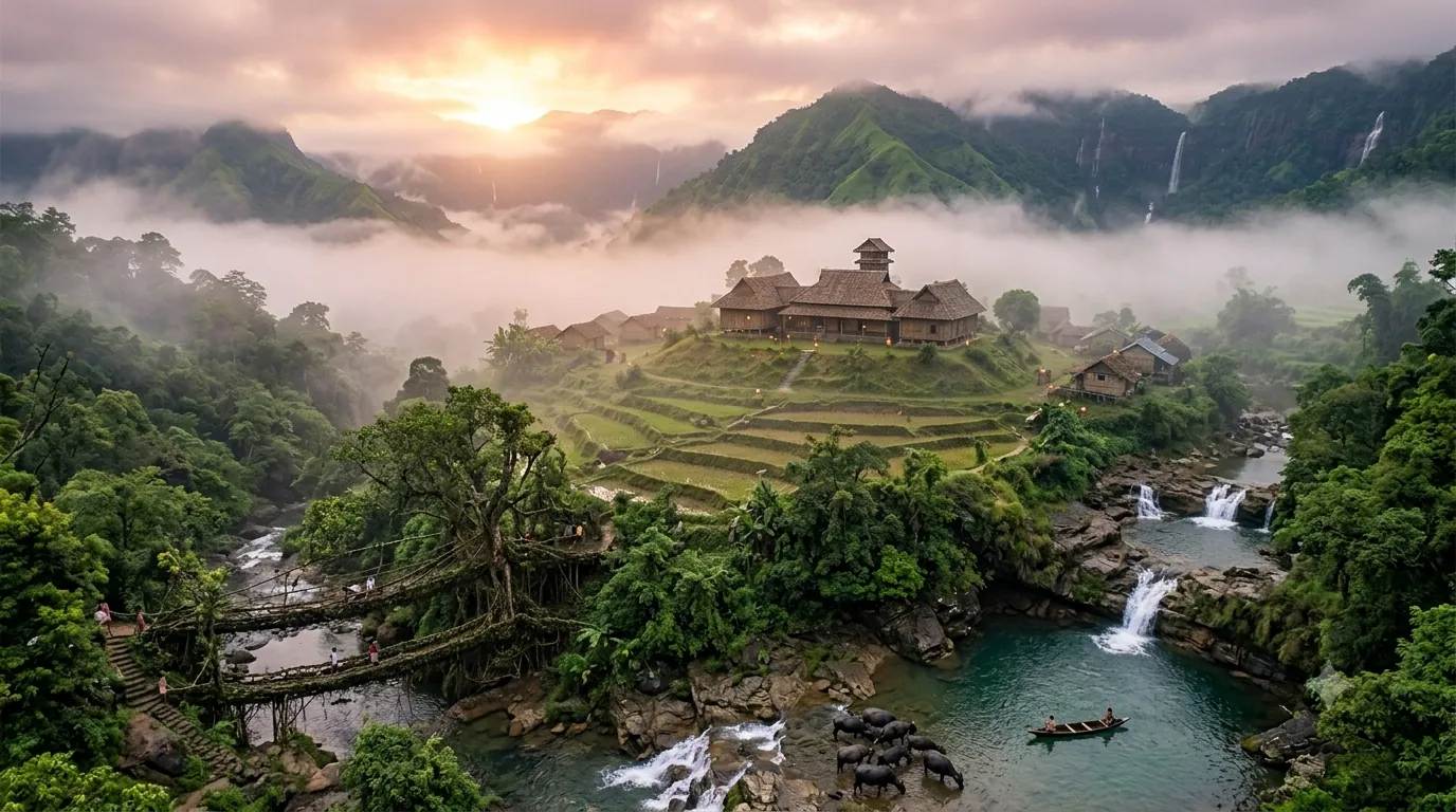 Misty Meghalaya valley with living root bridges, waterfalls and a village at sunrise
